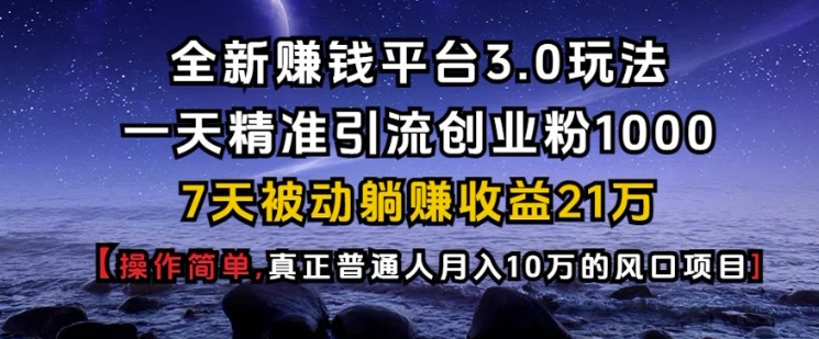 全新赚钱平台3.0玩法一天精准引流创业粉1000.7天被动躺Z收益21W【仅揭秘】-川融创客