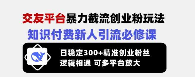 交友平台暴力截流创业粉玩法，知识付费新人引流必修课，日稳定300+精准创业粉丝，逻辑相通可多平台放大-川融创客