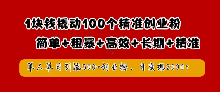 1块钱撬动100个精准创业粉，简单粗暴高效长期精准，单人单日引流500+创业粉，日变现2k【揭秘】-川融创客