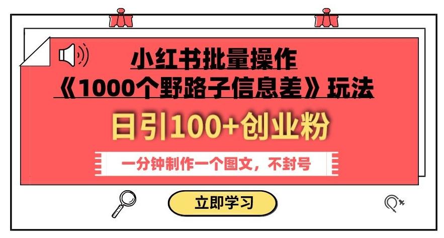 小红书批量操作《1000个野路子信息差》玩法，一分钟制作一个图文，不封号，日引100+创业粉-川融创客