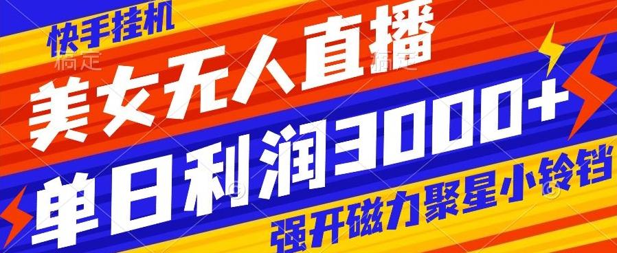 快手挂机，美女无人直播，强开磁力聚星小铃铛，日入3000+-川融创客