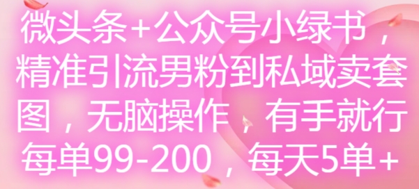 微头条+公众号小绿书，精准引流男粉到私域卖套图，无脑操作，有手就行，每单99-200，每天5单-川融创客